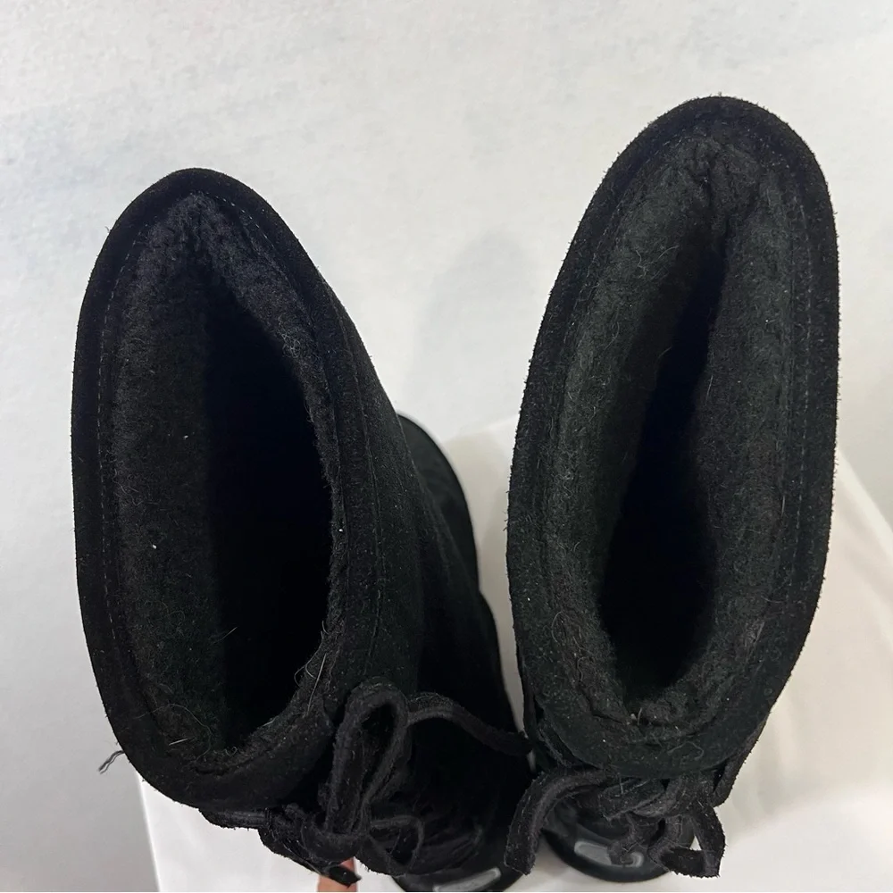 Bearpaw Boots Womens 9 Black Mid Calf Suede Faux Fur Trim Pull On Lace Up - Picture 6 of 10